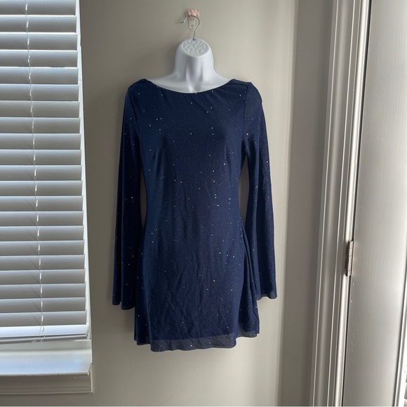 Sequined Navy Flare Long Sleeves Mini Dress - Picture 1 of 13